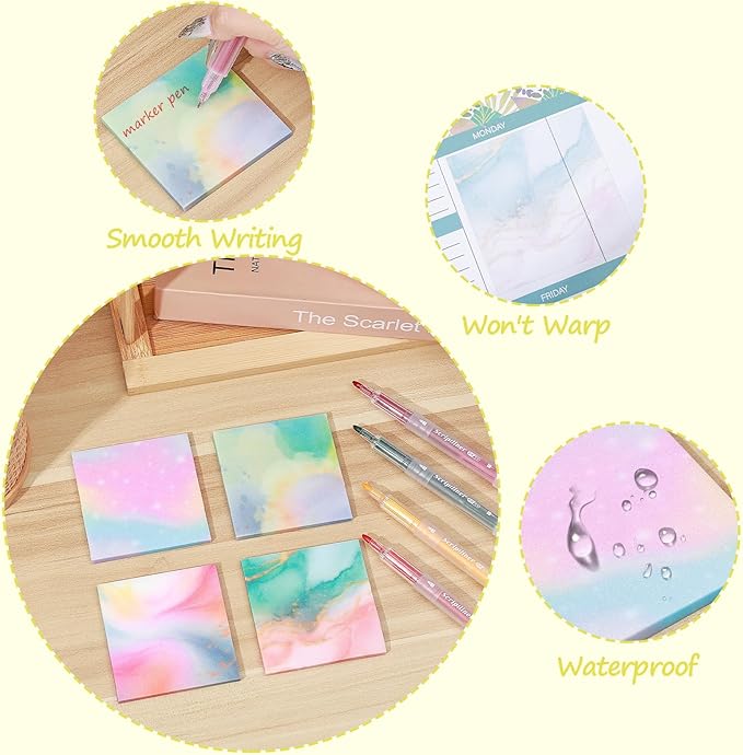 BAYTORY 200 Sheets Transparent Sticky Notes, 6Pcs Double-Ended Colored Marker Pen, 3 x 3 Glitter Clear Sticky Notes, Waterproof Self-Stick Note, Easy to Post for Note Taking (Colorful)