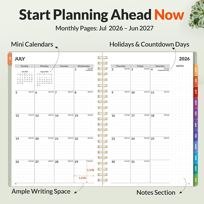 SUNEE Academic Planner 2026-2027 – Weekly & Monthly Planner, July 2026 to June 2027, 6.4"x8.3", Thick Paper, Tabs, Pockets, Bookmark, Spiral-Bound, Student Teacher Organizer, Sage Green