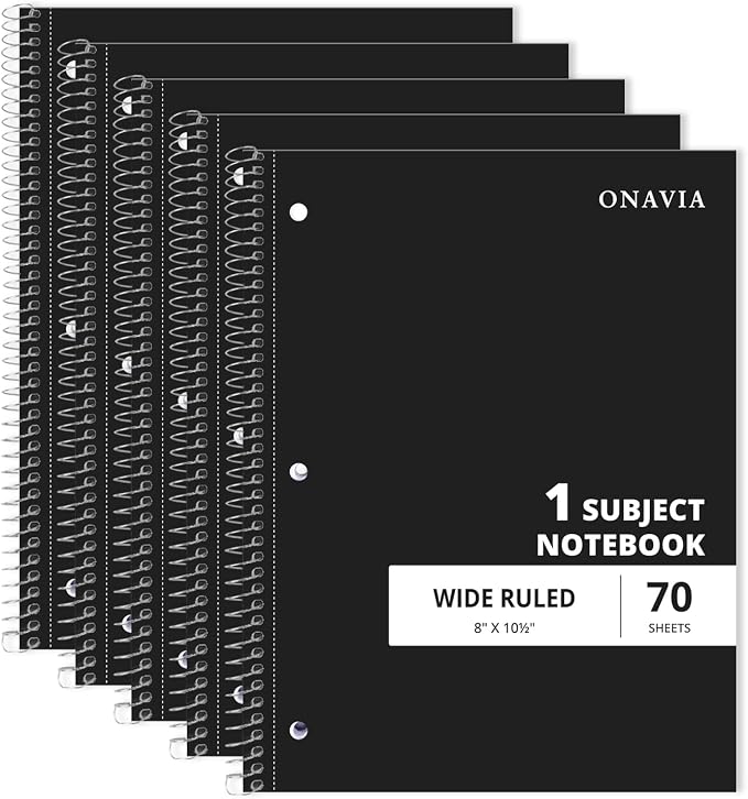 ONAVIA 1 Subject Spiral Notebook Wide Ruled 5 Pack, 140 Pages, Black | 70 Sheets, 7.5 x 10.5 in, 3-Hole Punched, School Notebook, Wide Ruled Paper, Study, Students