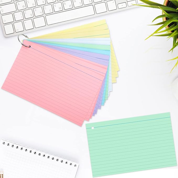 Epakh 300 Pieces Lined Index Cards 180 GSM Thick Flash Cards with Rings Notecards Punched Back to School for Studying Adults Home College Office(5 x 8 Inch,Light Color)