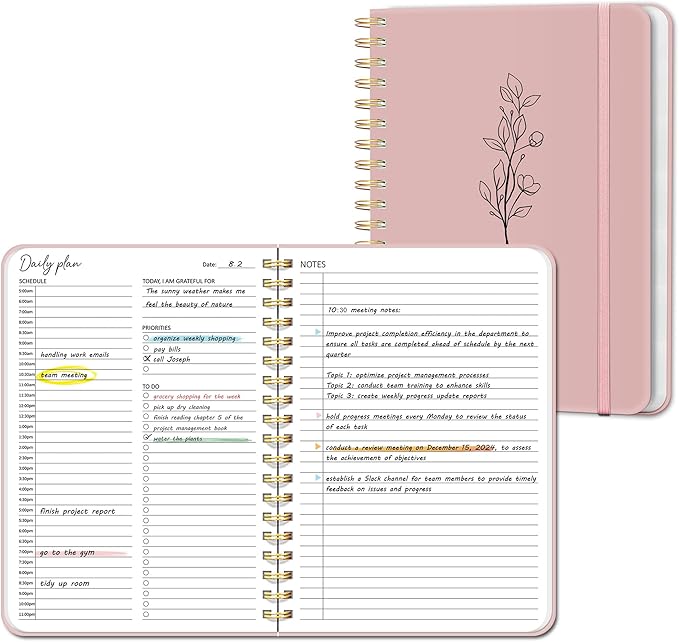 Undated Daily Planner With Hourly Schedule, To Do List Spiral Notebook, Easily Organize Your Work Tasks And Appointments, Perfect School Or Office Supplies For Organizing & Planning, 7.5"x10", Pink