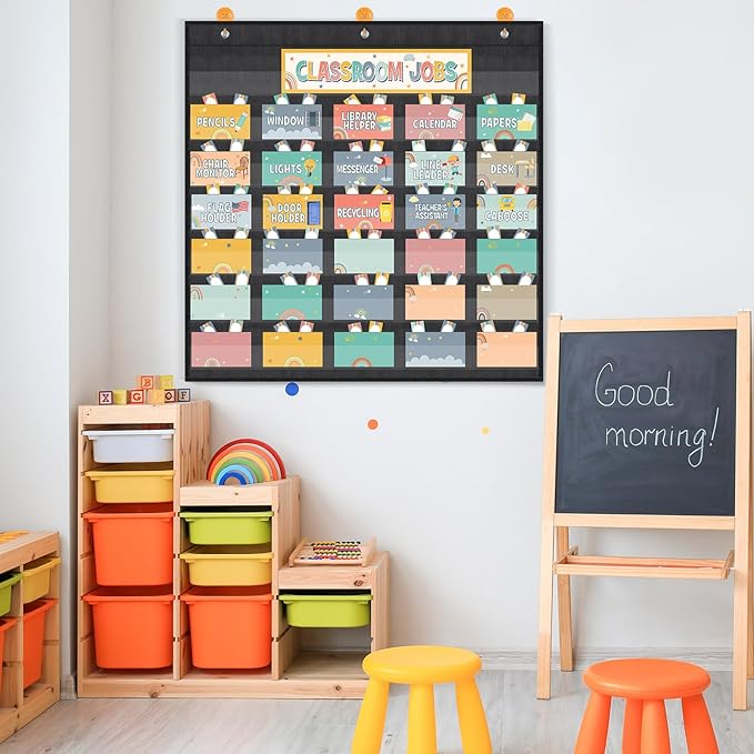 Qeeenar Class Jobs Pocket Chart with 96 Pcs Colorful Classroom Jobs Cards and 3 Hooks Boho Classroom Management Education Pocket Chart Teacher's Helper Class Bulletin Board for Back to School Supplies