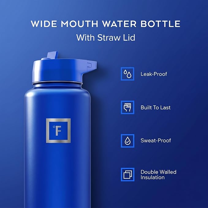 IRON °FLASK 40 oz Wide Mouth Water Bottle with Straw | Insulated Stainless Steel Sports Water Bottle with Leakproof Straw Lid - BPA Free, Cold 24 Hrs, Sweat Free (Cobalt)