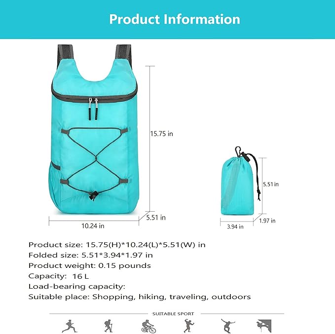 levayhill 16L Lightweight Foldable Hiking-Backpack Small Packable-Daypack For Travel,Ultralight Water-Resistant Gym Bag Men Women Easy Carry-on (Lake Blue)