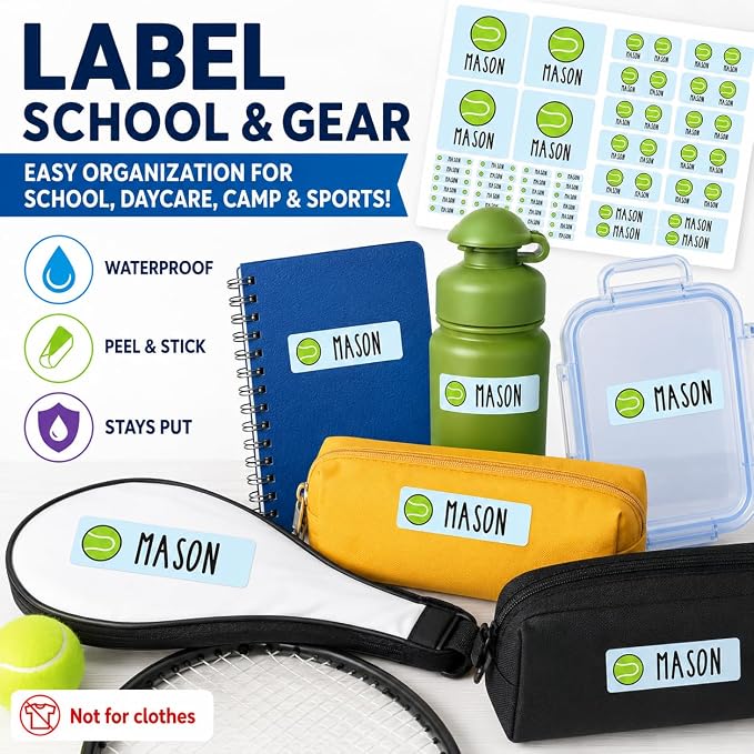 Andaz Press Custom Personalized Waterproof School Name Labels, Tennis, 120-Pack, Kids Labels Combo Pack, Customizable Multi-Use Name Stickers for Preschool, Daycare, Supplies, Office, Water Bottle