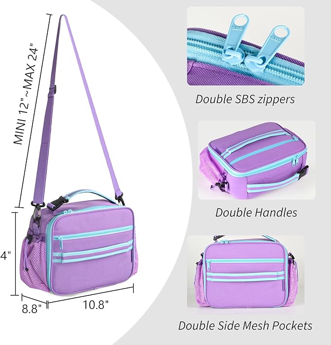 Cerbonny Kids Lunch Box, Purple, Unisex, Polyester, With Insulated Interior, Easy-Wipe Clean, 10.8"L x 4"W x 8.8"H, 4 Carrying Options