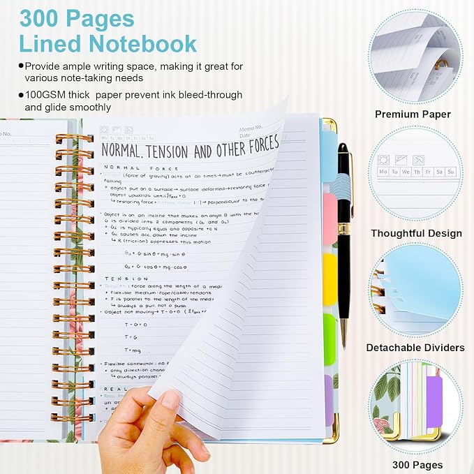 Spiral Journal Notebooks for Work, 300 Pages 5 Subject Notebook College Ruled with Dividers & Tabs, A5 Notebook Journal for Women Students Note-Taking and Organizer (Blushing Rose)