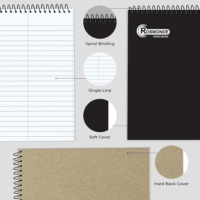 Rosmonde 12 Pack Spiral Steno Pads, 6 x 9, Gregg Rule, Black Steno Pad, Long Lasting - 80 Sheets (160 Pages), Top Spiral Notebook, Bulk Steno Notebook for Business, Top Spiral Steno Book for Office