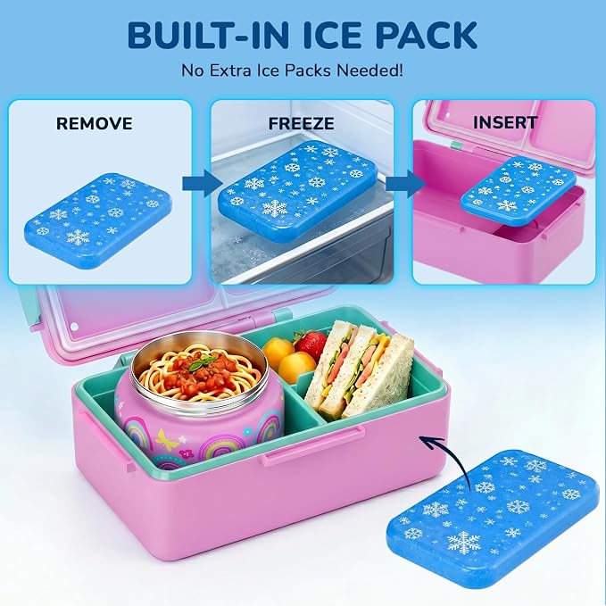 Bento Lunch Box for Kids–3 Compartment Leak Proof Insulated Lunch Container | Unicorn Design Lunch Box-With 12oz Stainless Steel Food Soup Jar & Built-in Ice Pack Bento Box for Boys Girls School Travel