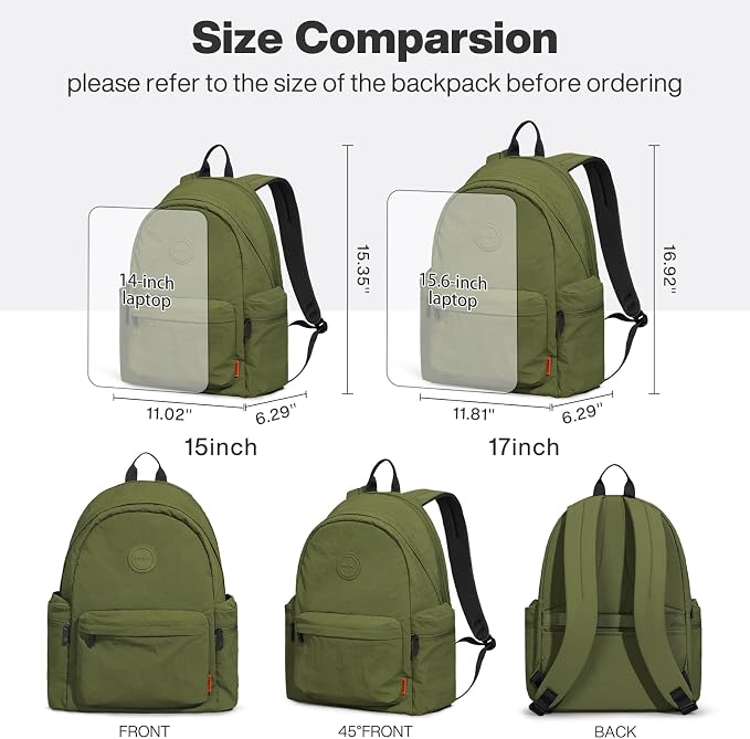 mixi 15Inch Casual Travel Daypack Lightweight Laptop Backpack, Jungle Green | Ultra Light Backpack, Fits 14in Laptop, Water/Oil/Stain Resistant, Anti-Theft Pocket&Luggage Strap for College Work Hiking