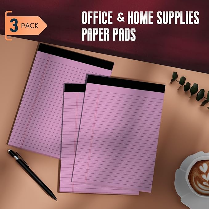 Pink Legal Pads 8.5 x 11 Wide Ruled Notepads, 3 Pack Note Pads 8.5 x 11 Lined Paper Pink Writing Pads 30 Sheets per Notepad Double-Side Printed Colored Legal Pads for Home, Office, School