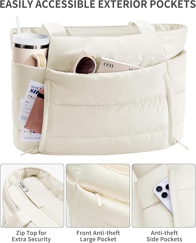 Bagstellar Puffer Tote Bag for Women, Lightweight Puffy Work Handbag Teacher Nurse Quilted Shoulder Bag for School Travel Gym | Cloud Bag w/ Zipper