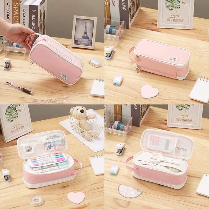 Dugio Large Pencil Case Organizer Big Pencil Bag for Girls Teens Pink | Kids Zipper Pencil Pouch Aesthetic Stationery Pen Pencil Box Back to School, Large Capacity Design, Thick Multi-layer Fabric