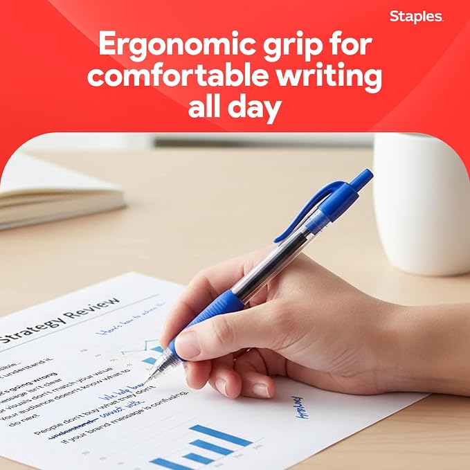STAPLES ProGel Retractable Gel Pens, Bold 1.0mm, Blue Ink, 12-Pack | Smooth-flow ink for everyday writing in office and school settings.