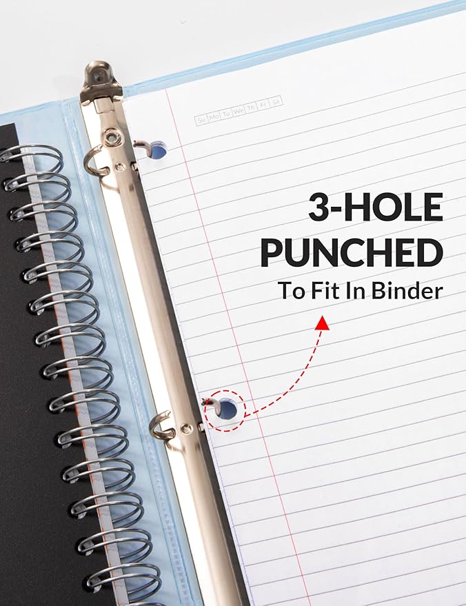 SUNEE Spiral Notebooks for Work with Removable Dividers & Tabs – College Ruled 5 Subject, 300 Pages, 3 Hole Punched, Durable PP Cover, 8"x10.5" – Notebooks for Office or School, Black