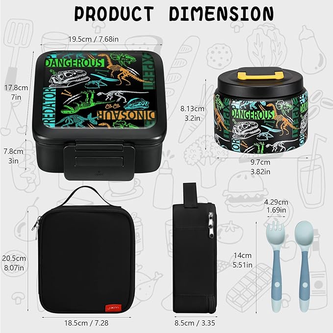 JXXM Bento Lunch Box for Kids With 8oz Soup thermo,Leak-proof Lunch Containers with 5 Compartment,thermo Food Jar and Lunch Bag, Food Containers for School (A-Black(Dinosaur Fossil))
