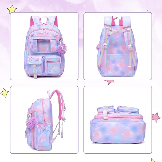 Alrisg Girls Backpack for Kids Elementary Middle School Cute Student Bookbag School Bag Purple