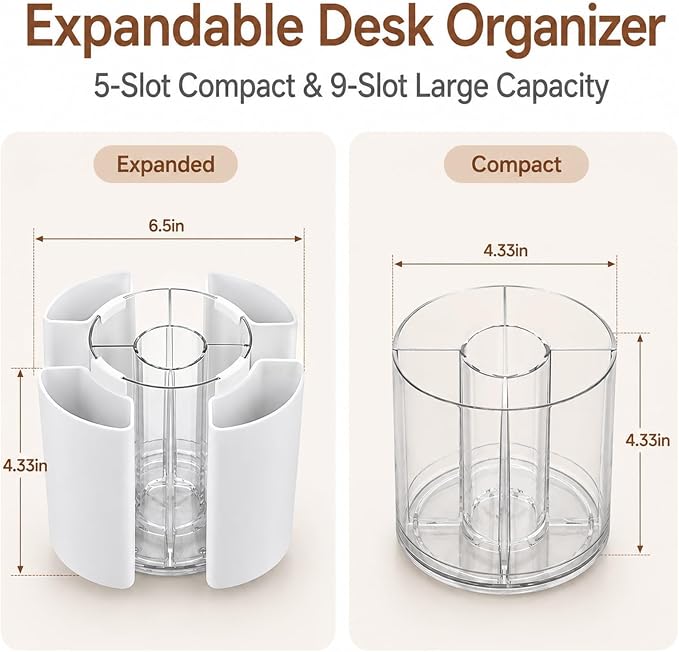 360° Rotating Pen Holder for Desk Adjustable Pencil Organizer, Gray-White | Plastic Pen Cup for Women Cute Office Supplies and Accessories Desktop Storage Box Art Caddy for School, Work, Home