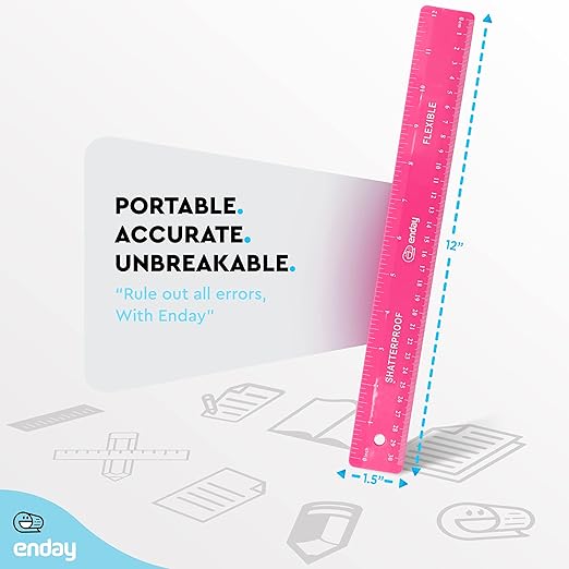 Emraw 12 inches (30 cm) Shatterproof Flexible Rulers Designed in Black, Blue, Green, Pink, Purple, and Orange - Great for School, Home, & Office – (6 Pack)