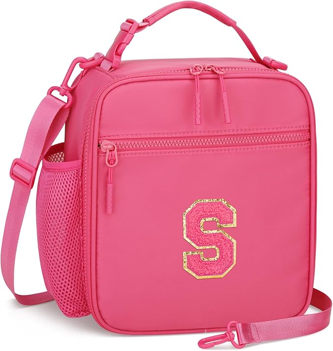 Initial Insulated Lunch Bag for Girls Kids, Back to School Gift, Reusable Leak-proof Lunch Box with Adjustable Strap for School Daycare Travel Picnic (Rosy Red,S)