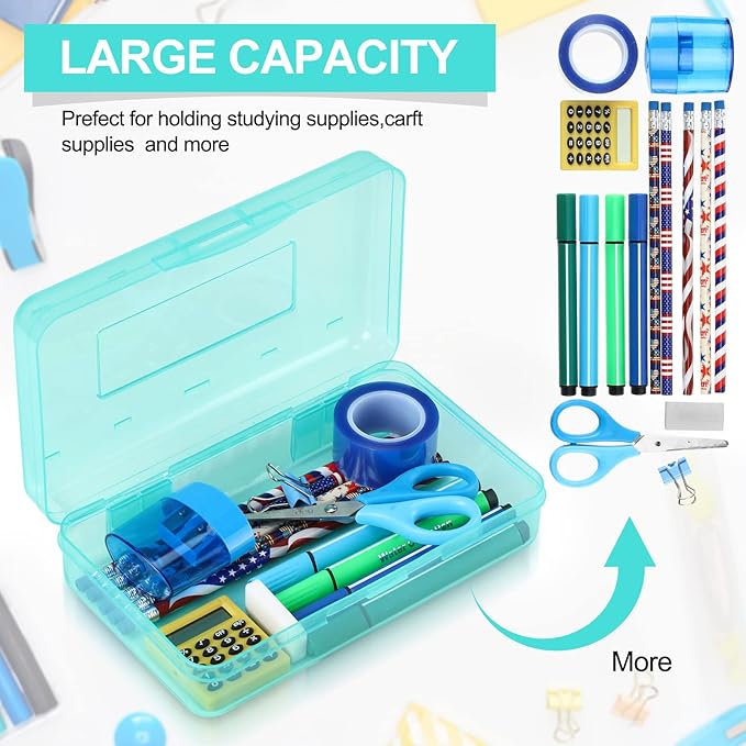 Leelosp 12 Pack Clear Pencil Boxes for School Bulk, Large Plastic Pencil Case with Lid, Stackable Hard Crayon Storage Box for Classroom Kids, Desk Drawer Organizer for Office Home(Jade)