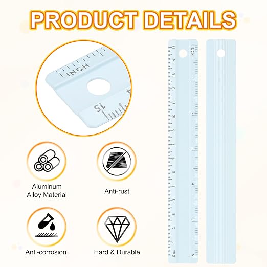 HARFINGTON Metal Straight Ruler 6 Inch(15cm) Metric Aluminum Alloy Measuring Rulers Scale Tool with Hole for Measure Study Reading Classroom Office, Light Blue