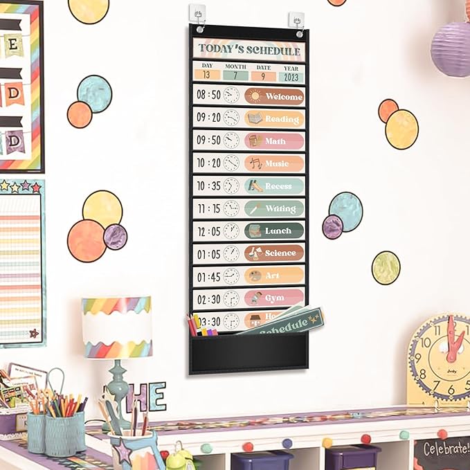 Boho Theme Daily Schedule Pocket Chart Set Decorate Your Classroom or Home for pre-Kindergarten to Grade 6, Black