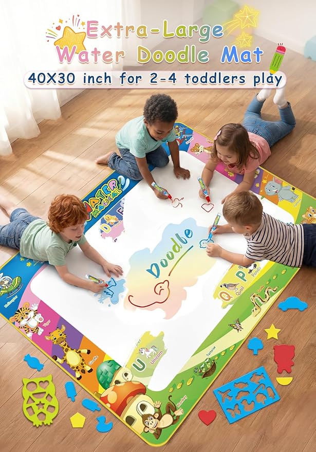Wedopro Water Doodle Mat 40x30” - Mess-Free Toddler Toys for Ages 3-7 with 27 Pcs | Educational Drawing & Painting Mat for Kids with 24 ABC & Animals | Birthday Gift for Boys & Girls