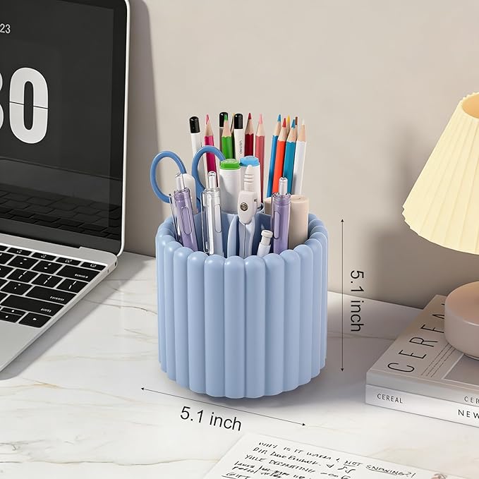 Anyoifax 360° Rotating Pen Holder 7 Slots Desk Organizer Removable Pencil Cup Plastic Art Supplies and Accessories Desktop Storage Box Caddy for Office, School, Home (Blue)