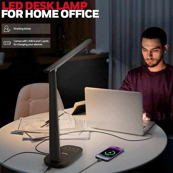 Honeywell LED Desk Lamp for Home Office, Eye-Caring Dimmable Reading Light with 4 Color Modes, Touch Control, USB-A & USB-C Charging Ports, Adjustable Head, Timer for Bedroom & Small Desks