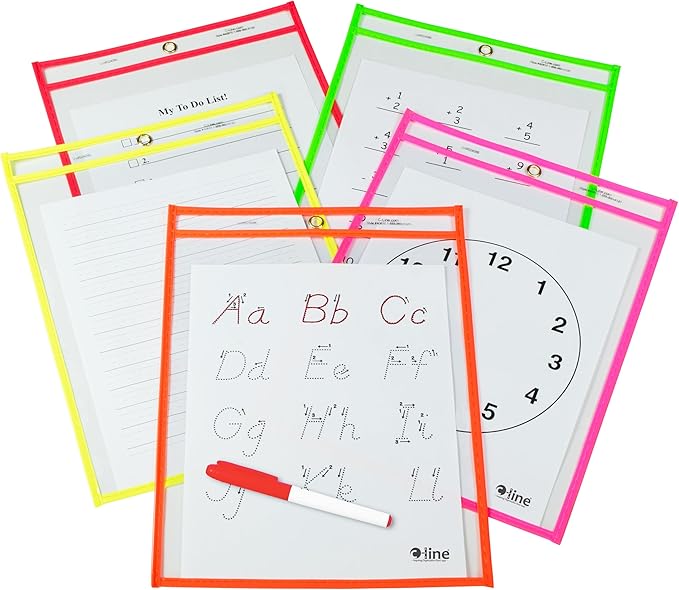 C-Line Reusable Dry Erase Pockets, 9 x 12 Inches, Assorted Neon Colors, 25 Pockets per Pack (40820)
