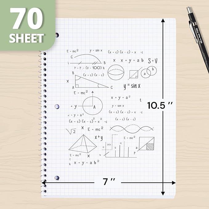 ONAVIA Graph Ruled Subject Spiral Notebook, 5 Pack, 4x4 Grid Paper, 8" x 10-1/2", 70 Sheets, 1 Subject, 3-Hole Punched for School, Work, Pink