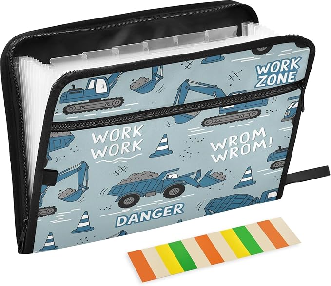 Construction Machines Truck 13 Pocket File Organizer Expanding File Folder with Front Pouch Portable Business File Storage Document Organizer Folder with Zipper