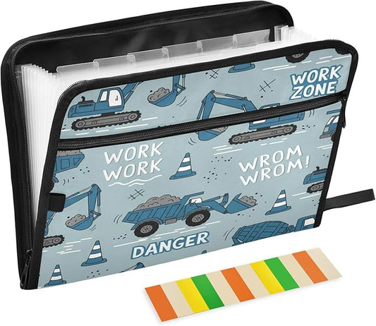 Construction Machines Truck 13 Pocket File Organizer Expanding File Folder with Front Pouch Portable Business File Storage Document Organizer Folder with Zipper