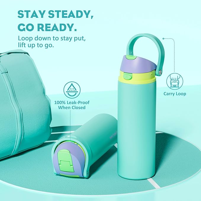 POWCAN 24 oz Insulated Water Bottle: 2-in-1 Push-Button Spout & Quick-Flip Straw, Leakproof, Cold 24Hrs, Fits Car Cup Holder, Stainless Steel Sports Water Bottle, Gift for Women, Girls (Sea Princess)