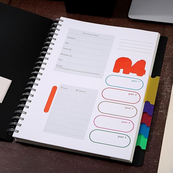 CAGIE 5 Subject Notebook with tabs 8.5'' x 11'', Hardcover Notebook with 5 Colored dividers, Spiral Notebook Wide Ruled for Work 262 Page, Multi-Subject Notebooks for School Office Supplies, Black