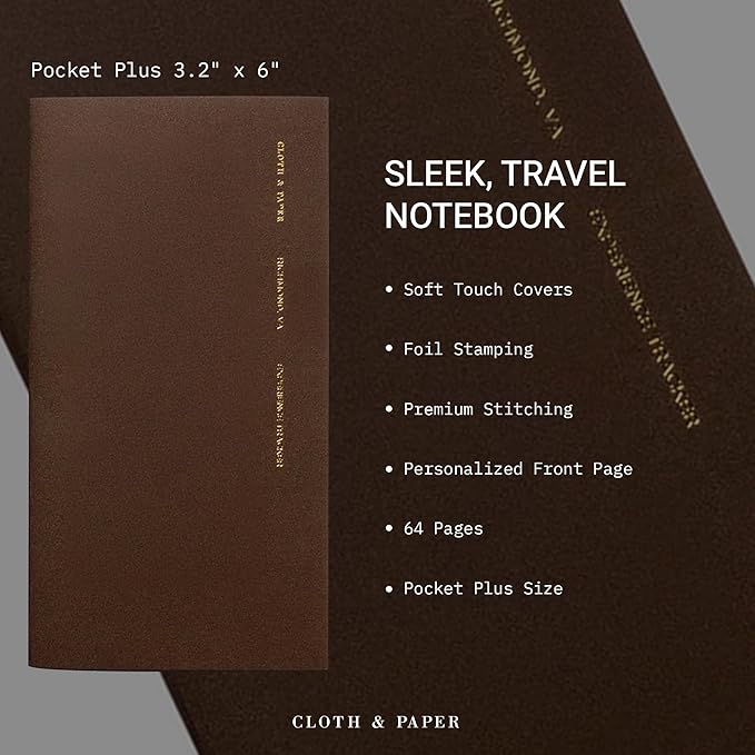 Cloth & Paper Travel Notebook | Experience Journal Tracker – Walnut | Pocket Plus Travel Journal Notebook 3.2" x 6" | Experience Log for Restaurants, Travel, Places & Activities – Soft Touch Cover