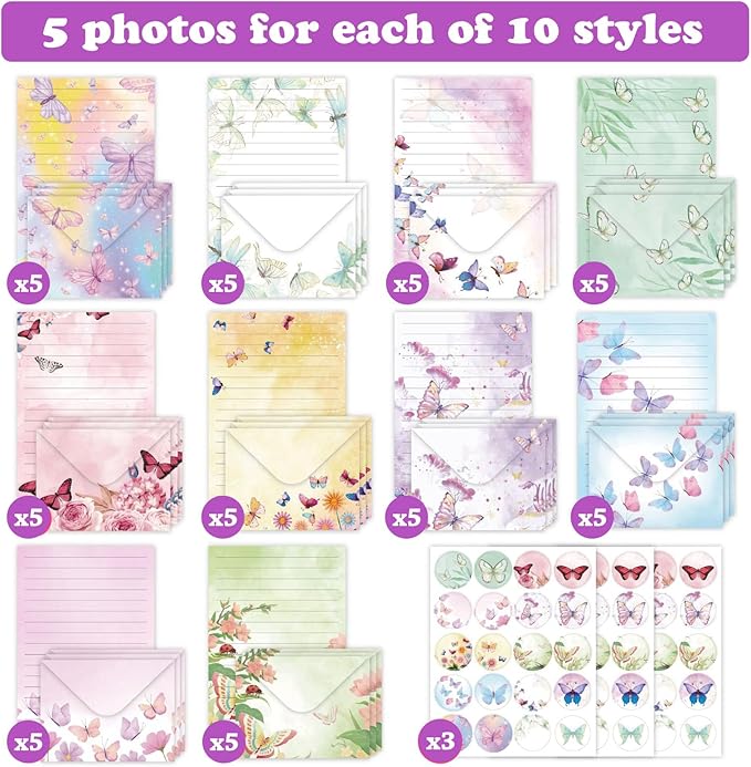 160 Pcs Stationery Paper Envelopes Set Includes 50 Lined Writing Paper & 50 Envelopes with 60 Round Dot Stickers, Cute Vintage Butterfly Letter Writing Stationery Paper Envelopes Gift(10Style)