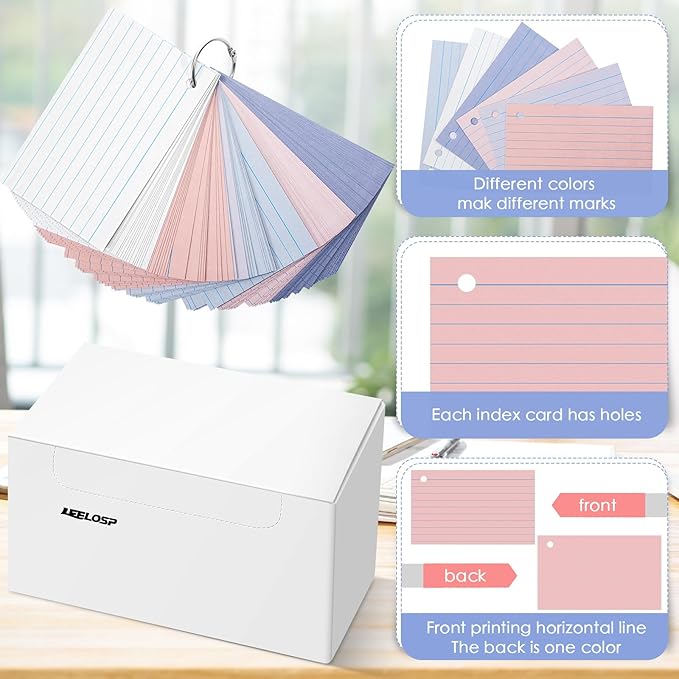 Epakh 300 Pieces Lined Index Cards 180 GSM Thick Flash Cards with Rings Notecards Punched Back to School for Studying Adults Home College Office(3 x 5 Inch,Stylish Colors)