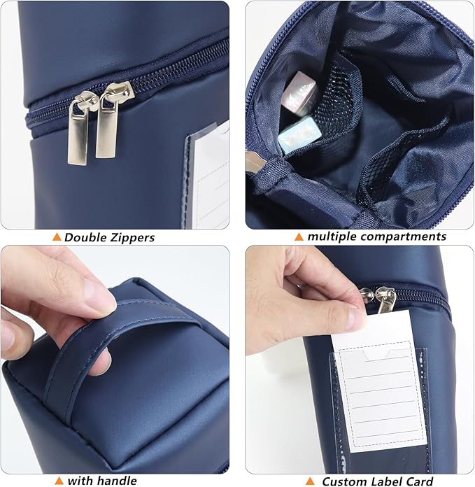 Standing Aesthetic Pencil Case Pouch Large Capacity Preppy for Teen Girls,Double Zipper with Handle Multi Compartments Organizer Navy Blue