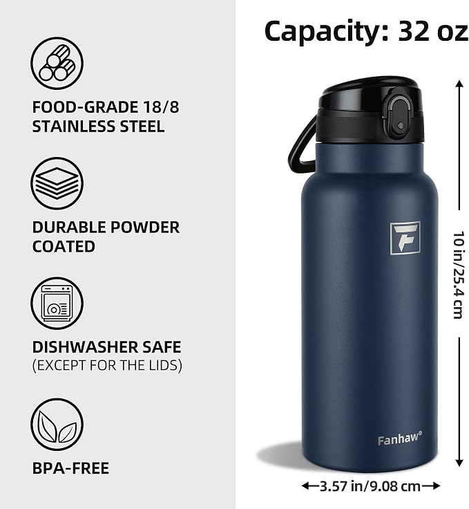 Fanhaw 32 Oz Insulated Stainless Steel Water Bottle with Chug Lid – Wide Mouth, Leak-Proof, BPA-Free – Ideal for Kids, Adults, Sports, Gym, and Outdoor Use (Navy Blue)