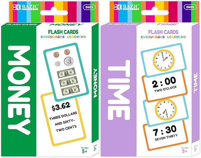 Addition and Subtraction Flash Cards Set for Parents, Educators, Self Study Math Learning Educational Cards - 35 Cards + 1 Instruction Card per Set - 2 Sets (Time & Money)