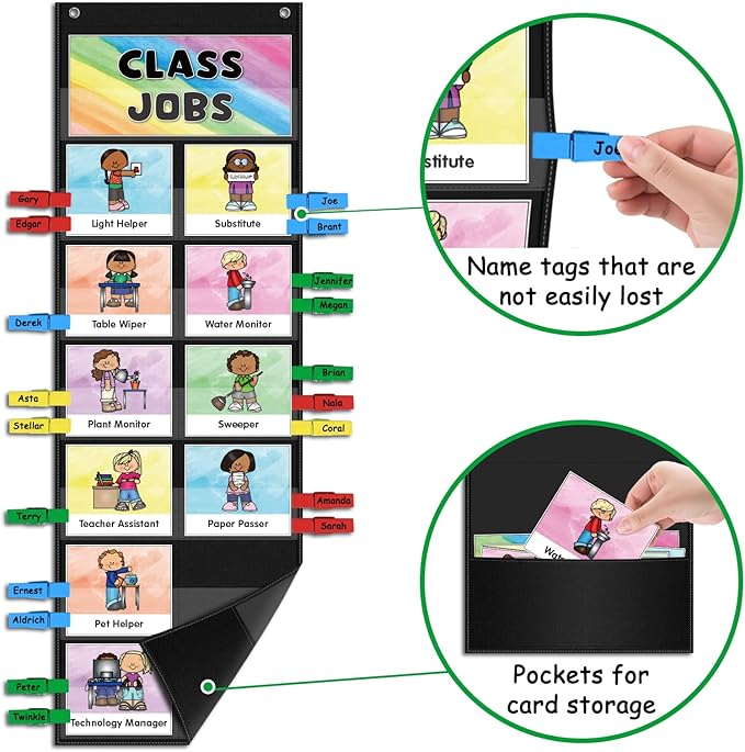 ABCxGOOD Class Jobs Pocket Chart Class Management Educational Pocket Chart Teacher's Helper, Preschool Classroom Must Haves Supplies, Great for Classroom Homeschool. (Black) (Black, 29.5"*10")