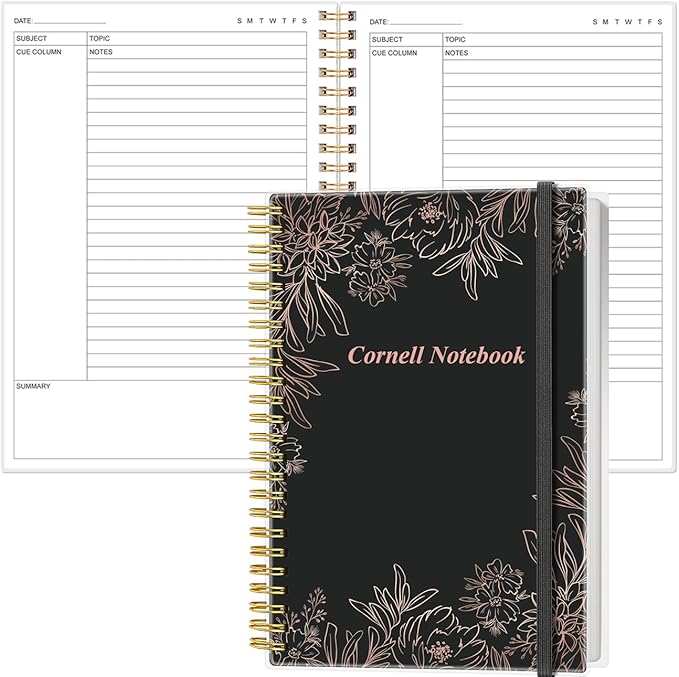 Yaridar A5 Cornell Notes Notebook - College Spiral Cornell Notebooks for Note Taking, Subject College Ruled Steno Pads for Office/School/Home, 5.8" x 8.5", Black Flower