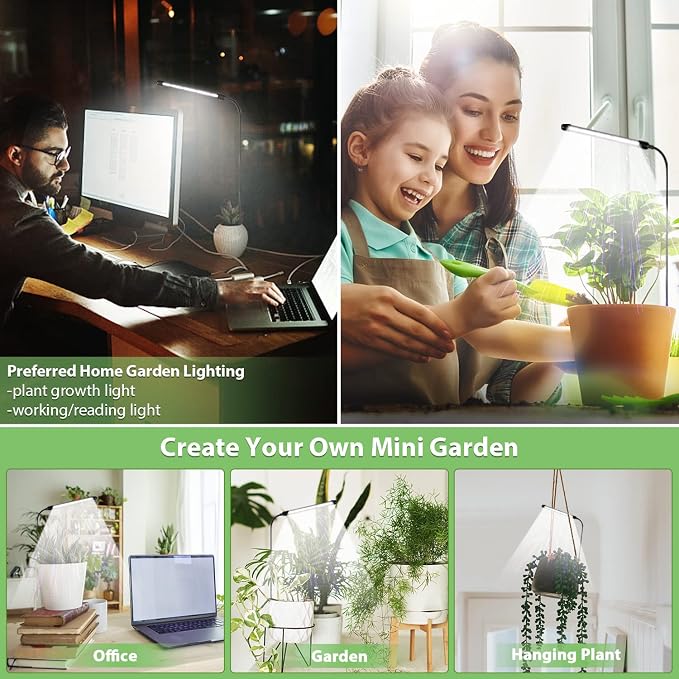 Grow Light for Indoor Plants Growing, 6000K Full Spectrum Gooseneck Plant Lamp for Seedings Succulents Small Plants, Auto On/Off Timing & 5 Dimming, 2-Pack
