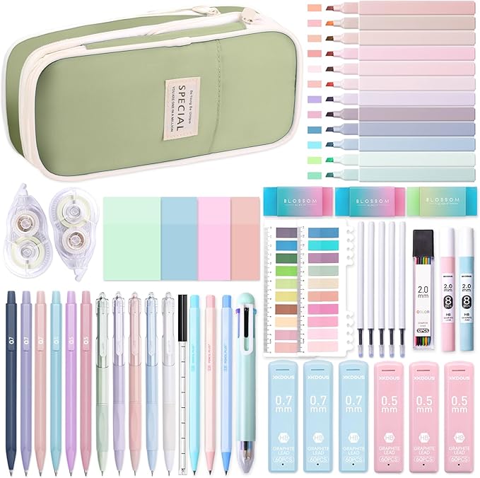 XKDOUS 54PCS All-in-One Cute School Supplies with Large Pen Case, 12 Pastel Highlighters, 5 Gel Pens, 9 Mechanical Pencils 0.5mm, 0.7mm & 2.0mm Stationary Set for Writing, Drawing & Drafting
