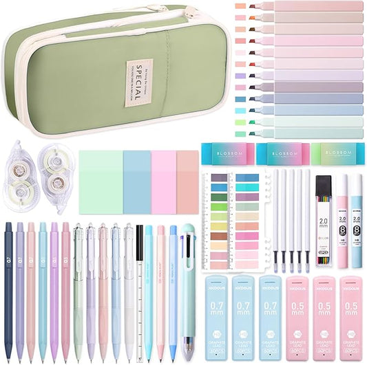 XKDOUS 54PCS All-in-One Cute School Supplies with Large Pen Case, 12 Pastel Highlighters, 5 Gel Pens, 9 Mechanical Pencils 0.5mm, 0.7mm & 2.0mm Stationary Set for Writing, Drawing & Drafting