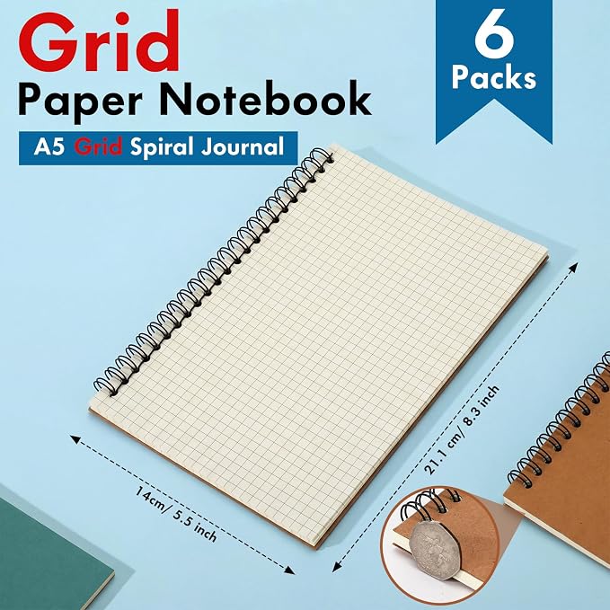 Epakh 6 Pack Spiral Notebook Bulk, Back to School Hardcover Spiral Journal Notebook 5.5 x 8.3 Inch, First Day of School Travel Writing Journal Notepad, 50 Sheets 100 Pages (Grid,Assorted Colors)