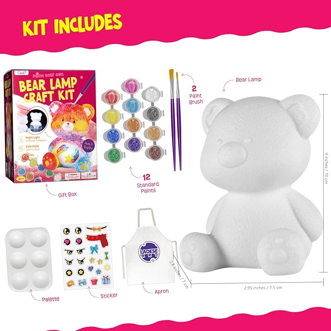 LAOESE Paint Your Own Bear Lamp Kit, Art Supplies Bear Painting Kit for Kids 6-12, Arts and Crafts for Kids Ages 8-12, Bear Toy Girls Boys Birthday Gifts for Kids Ages 3 4 5 6 7 8 9 10 11 12+