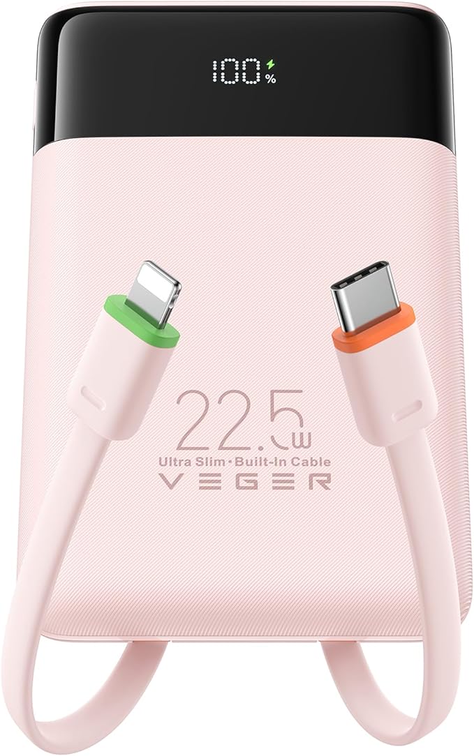 VEGER 22.5W Fast Charging Portable Charger, Slim 10000mAh Power Bank with Built-in Cables, Small USB C Battery Pack for iPhone iPad Samsung Galaxy Pixel LG Moto, Flight Safe, Travel Essential, Pink